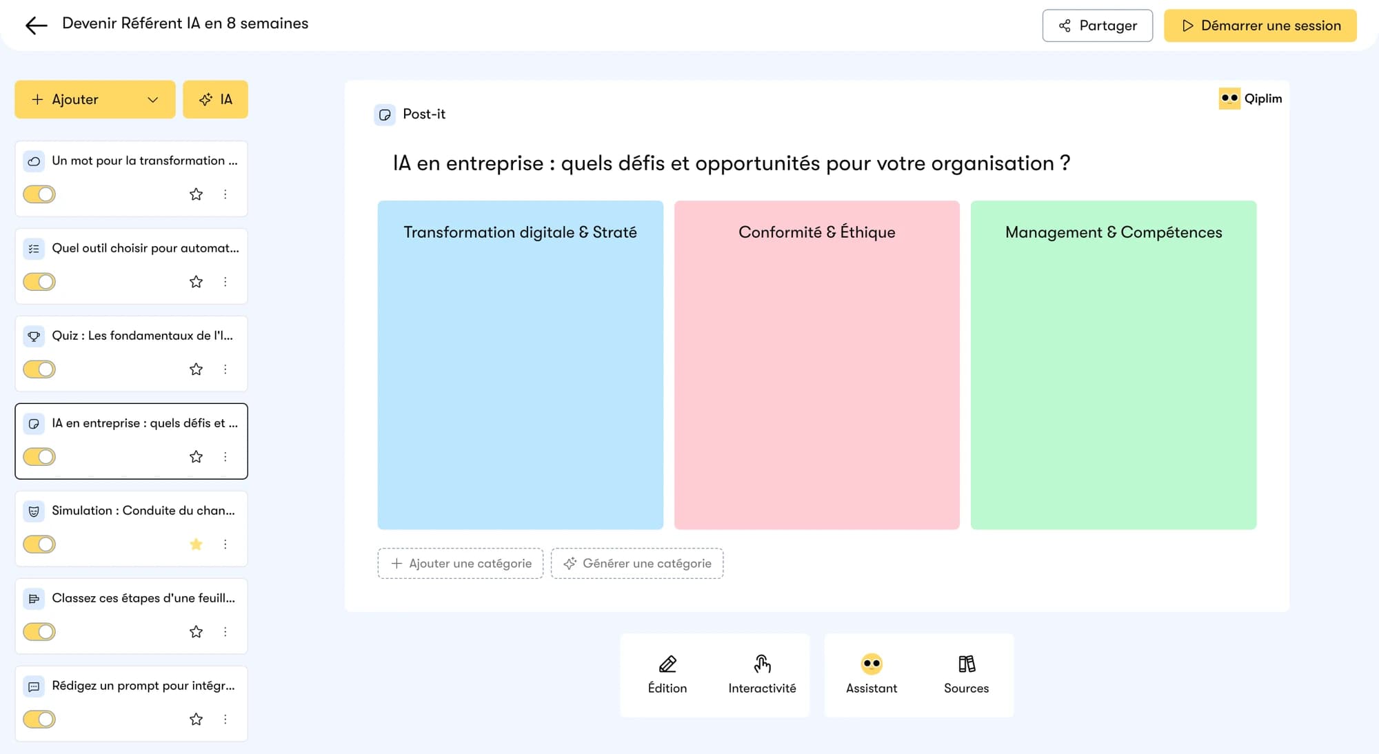 Interface Qiplim, édition d'une activité Post-it dans un projet