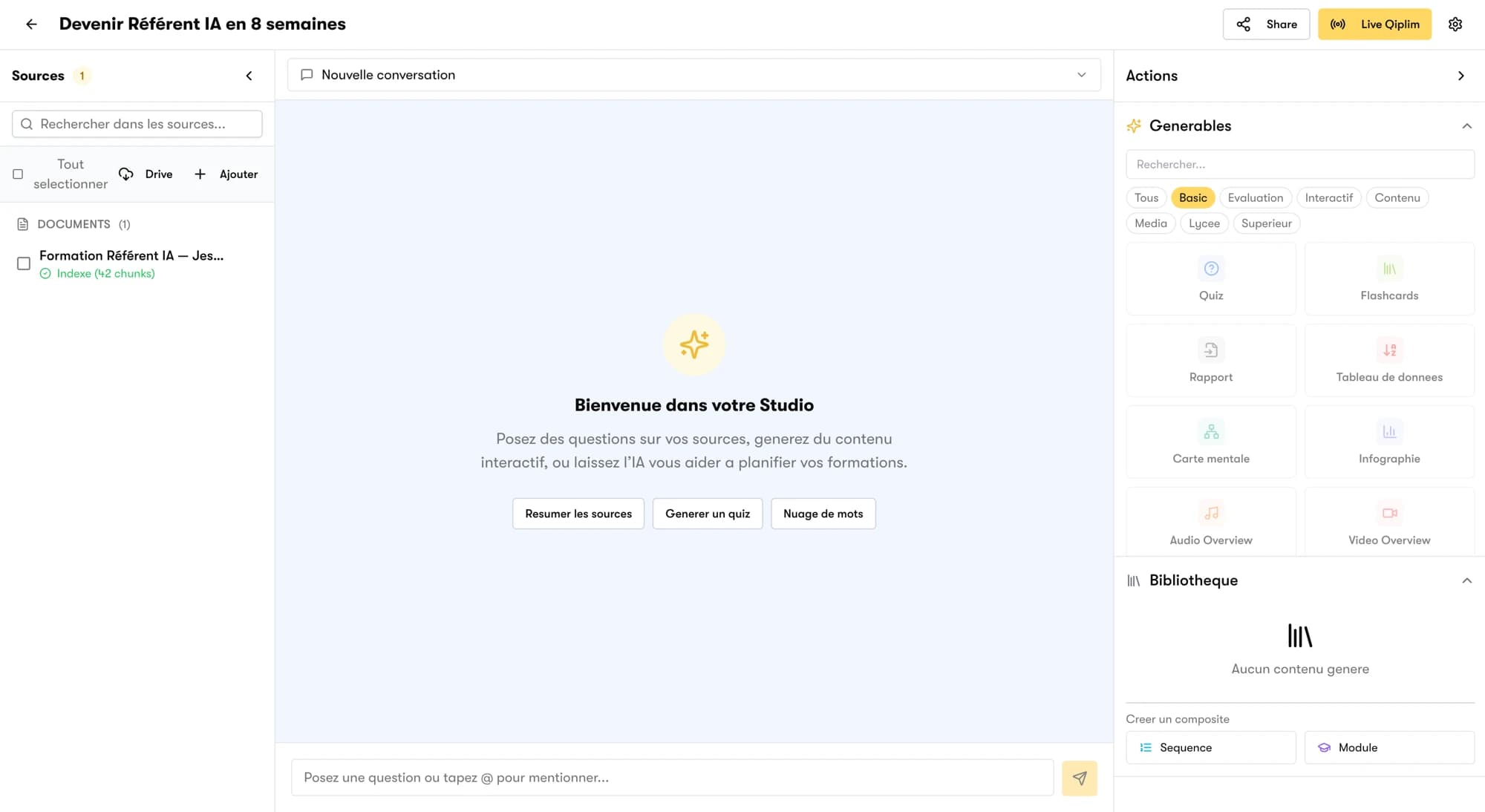 Interface Qiplim Studio, assistant IA branché sur les sources du projet